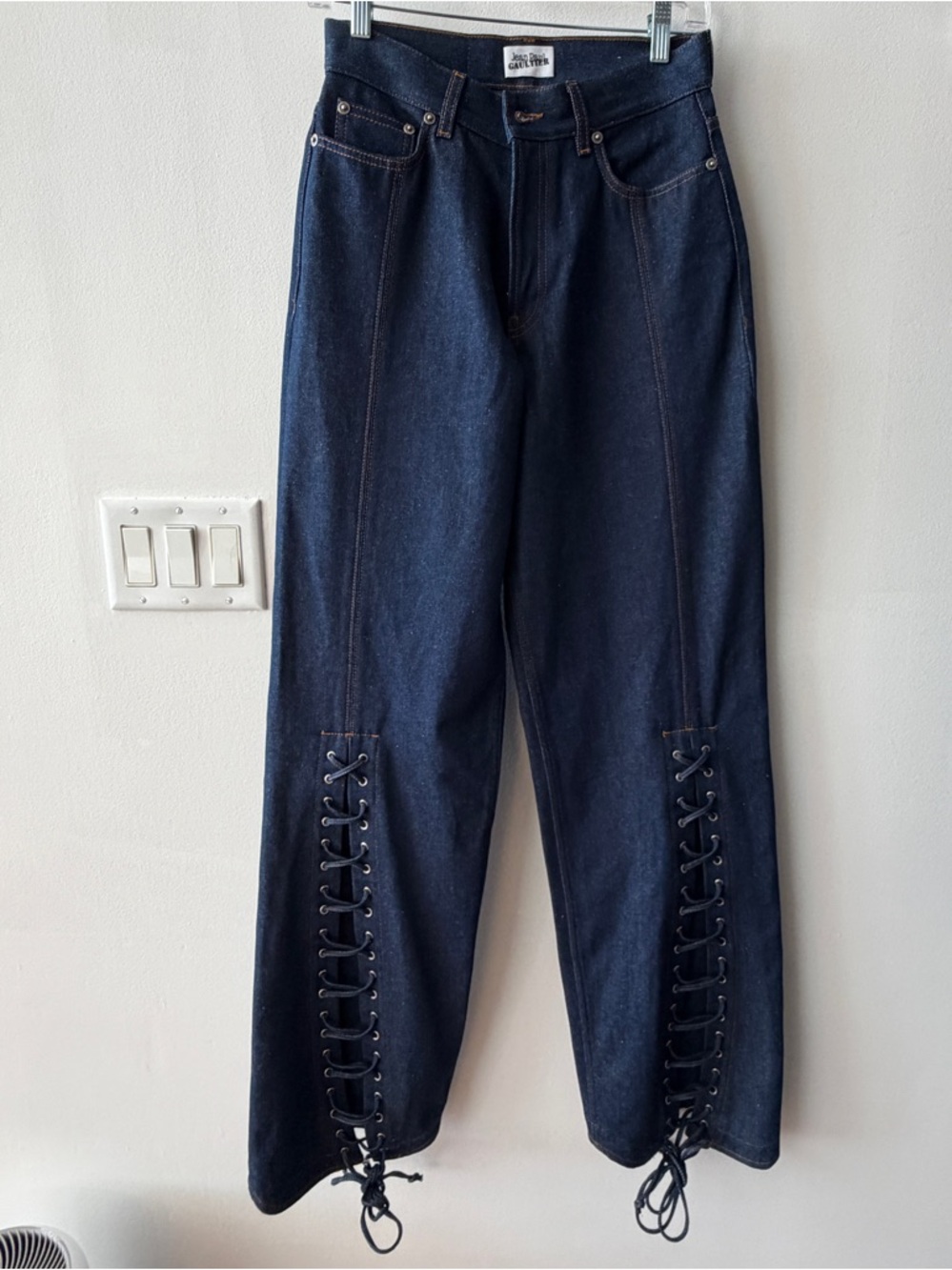 Jean Paul Gaultier Dark Blue Wide-Leg Jeans with Lace-Up Hem